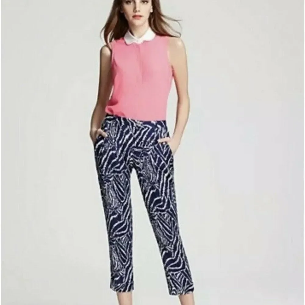 ❌SOLD❌ Lilly Pulitzer Women’s Peggy Zebra Print Blue White Pants Size 4 - Picture 2 of 12